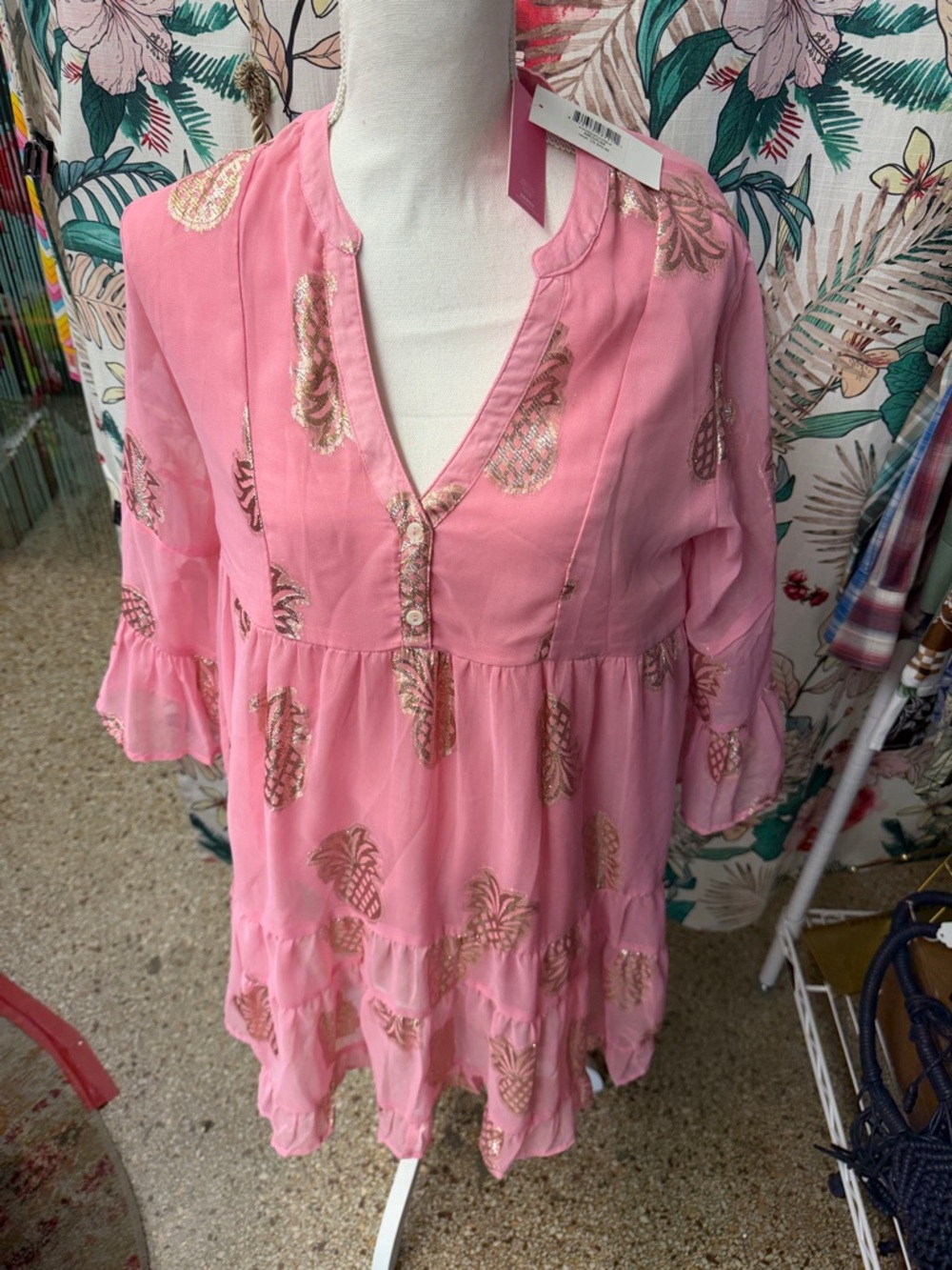 NWT Simply Southern Pink With Gold Metallic Pineapples Dress Size Medium